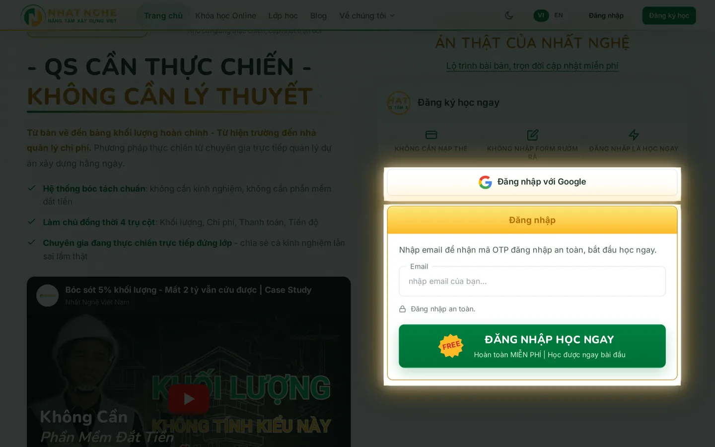 Email chưa có tài khoản: nhận OTP, nhập đúng thì tự tạo tài khoản và vào học