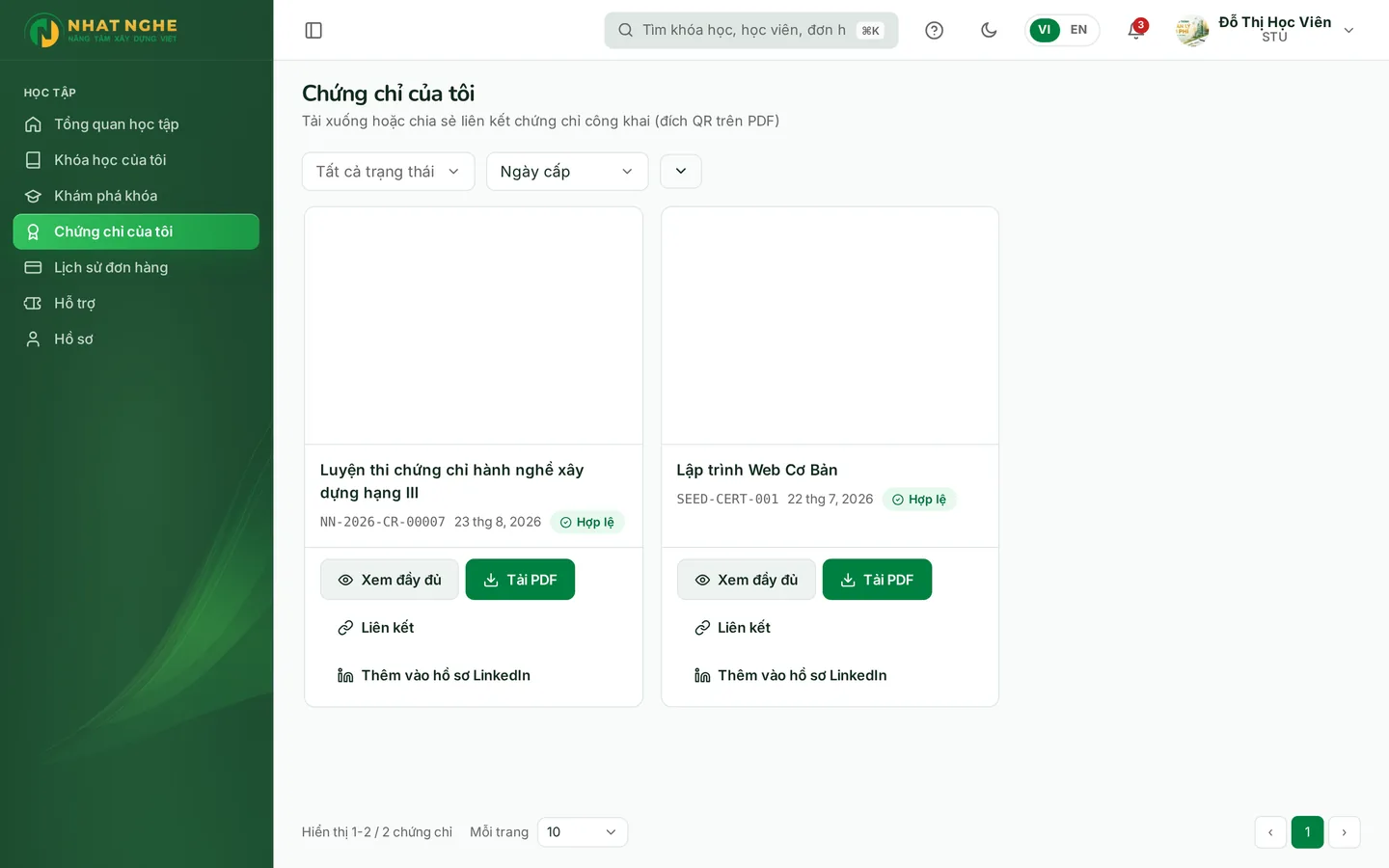 Giao diện: Chứng chỉ